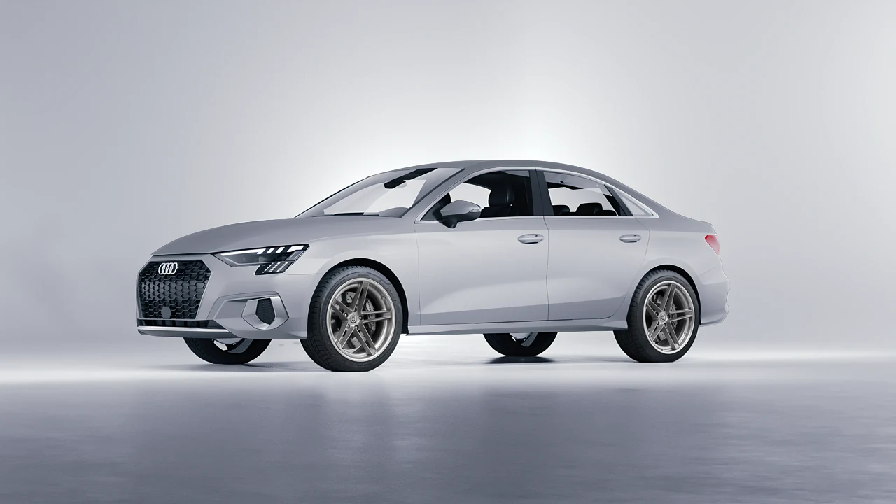 Audi A3 Limousine 2021 on HRE Performance Wheels G-Code forged wheels, front three-quarter view