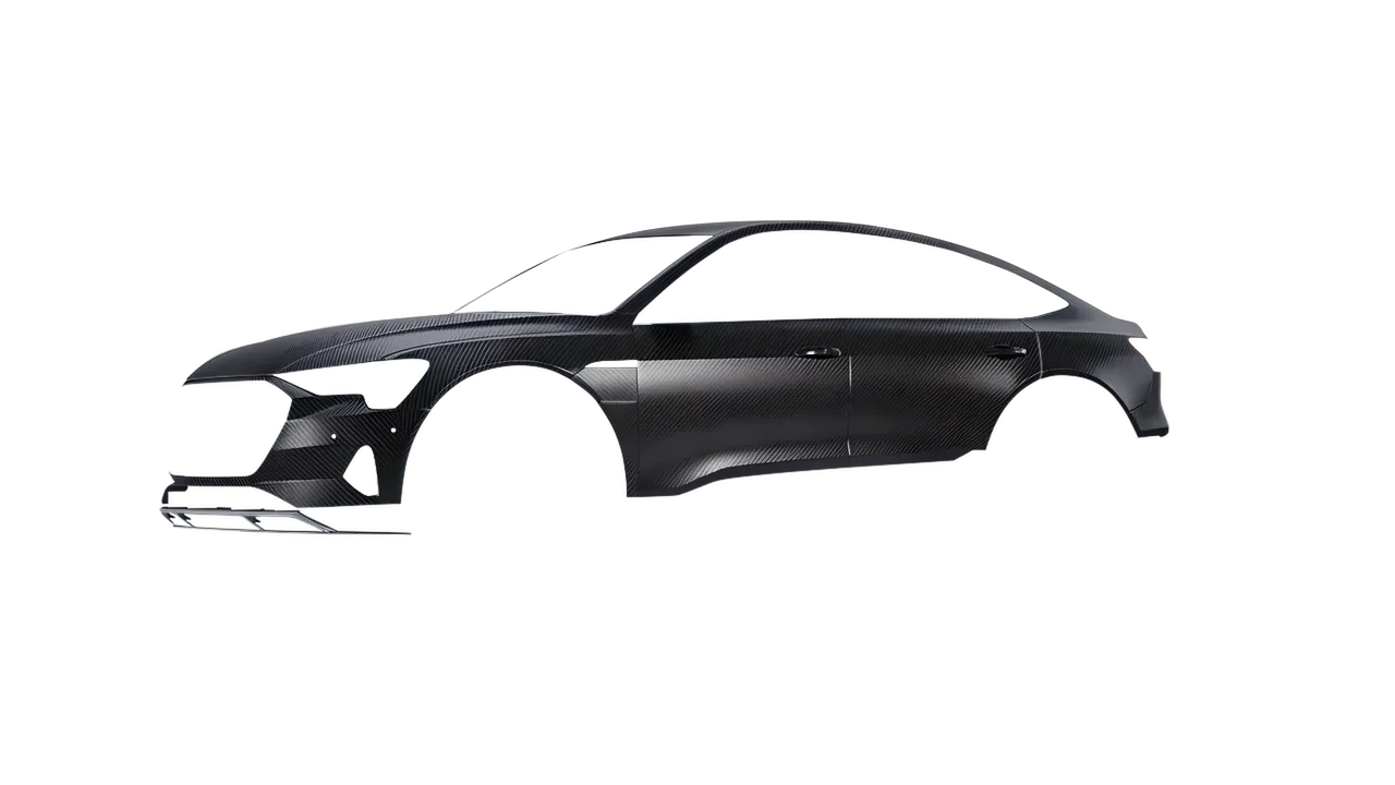 Audi E Tron Sporback 2024 wrapped in Black Gloss Carbon Fibre Vehicle Wrapping System (KPMF K87021), front three-quarter view