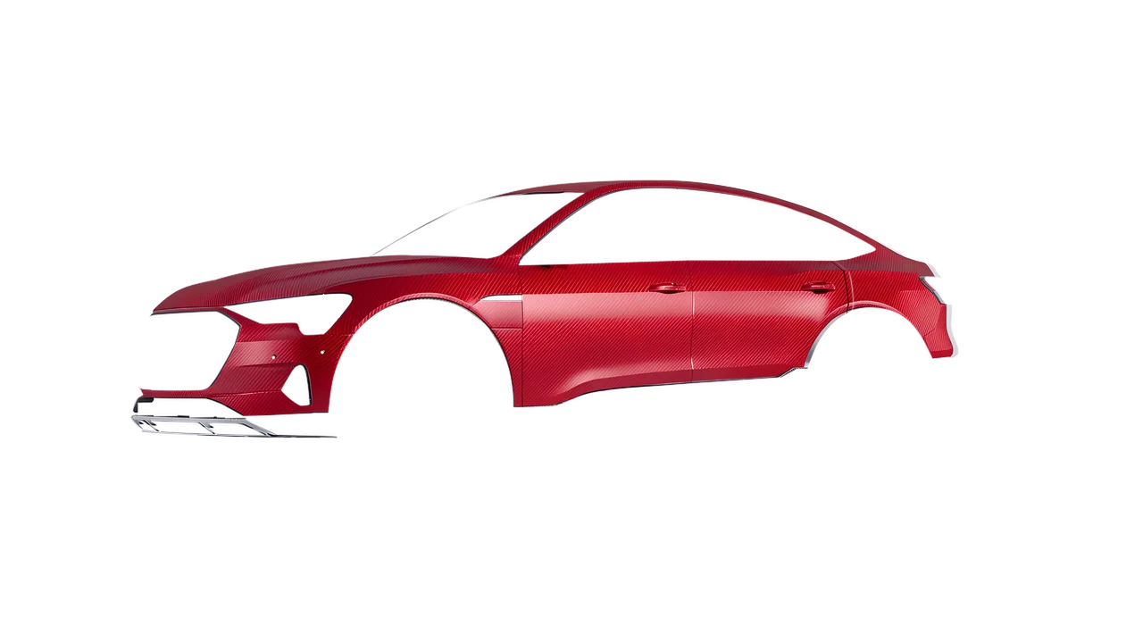 Audi E Tron Sporback 2024 wrapped in Geranium Red Carbon (ORACAL 975-305CA), front three-quarter view