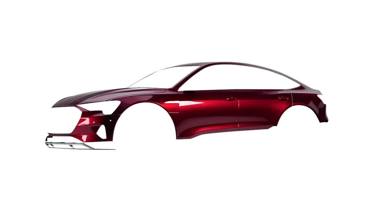 Audi E Tron Sporback 2024 wrapped in Red Black Iridescent Gloss (KPMF K75408), front three-quarter view