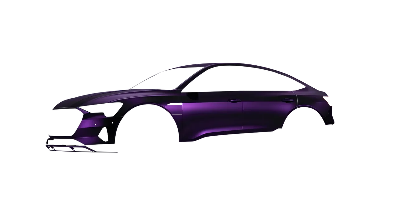 Audi E Tron Sporback 2024 wrapped in Frozen Midnight Purple (KPMF K75570), front three-quarter view