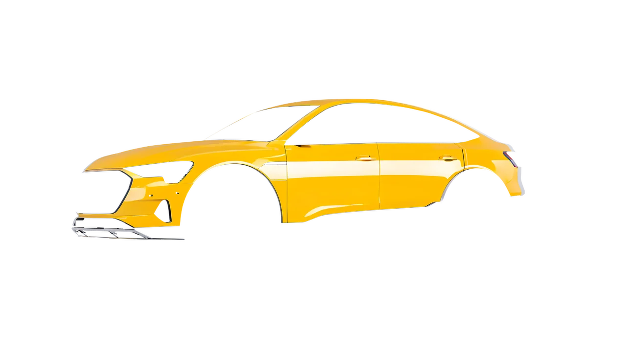 Audi E Tron Sporback 2024 wrapped in Cargo Yellow Gloss (ORACAL 970RA-256G), front three-quarter view