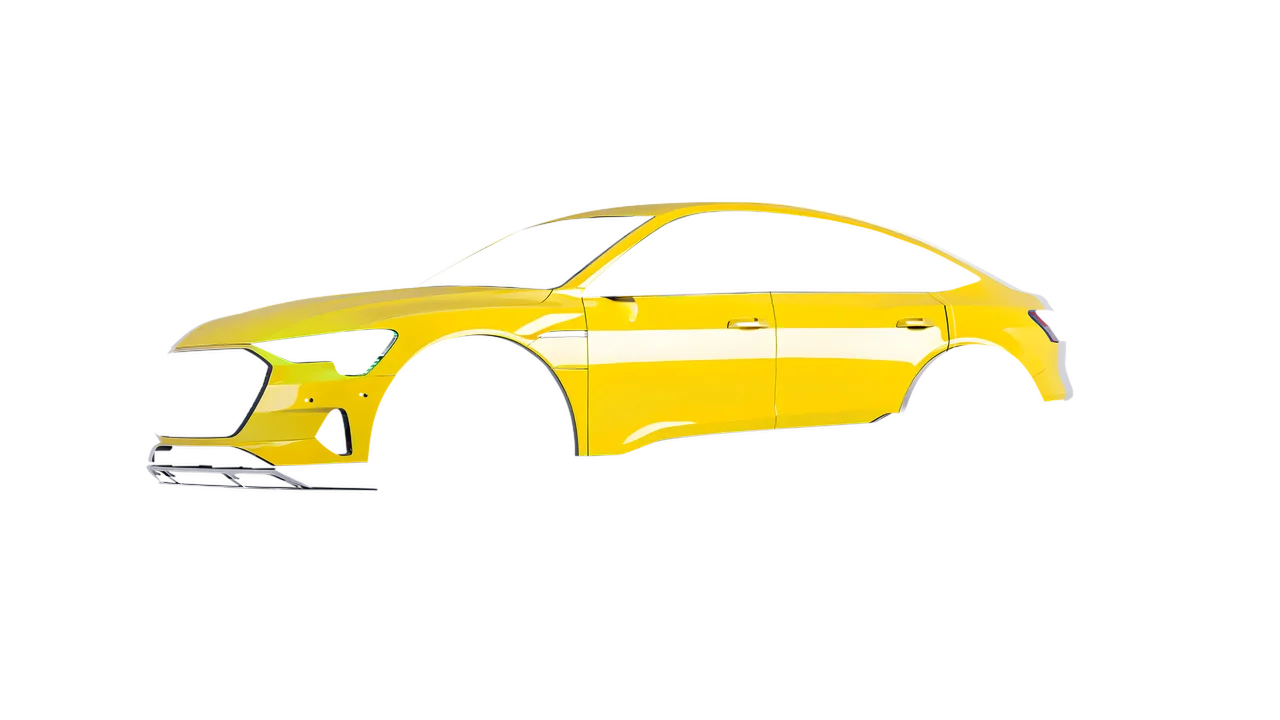 Audi E Tron Sporback 2024 wrapped in Crocus Yellow Gloss (ORACAL 970RA-201G), front three-quarter view