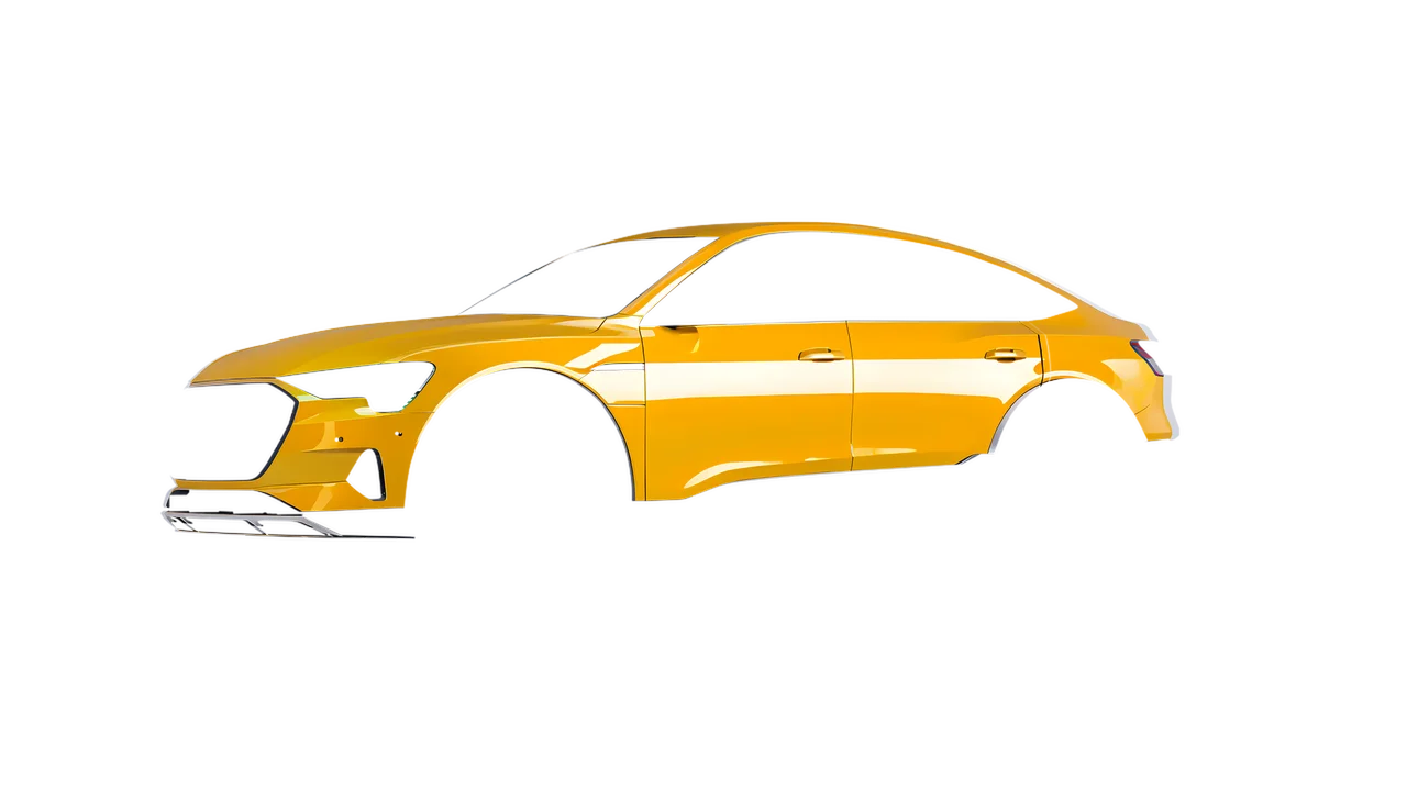 Audi E Tron Sporback 2024 wrapped in Golden Yellow Gloss (ORACAL 970RA-020G), front three-quarter view