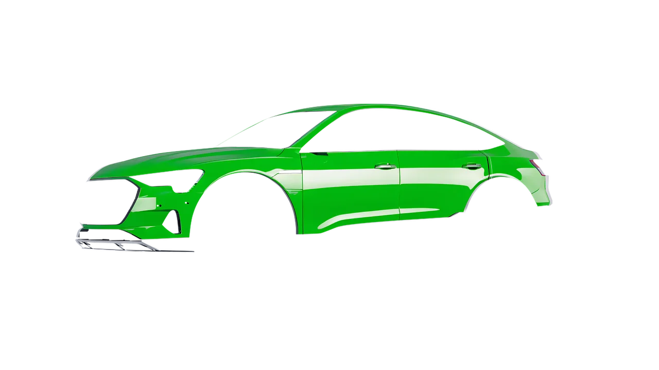 Audi E Tron Sporback 2024 wrapped in Lawn Green Gloss (ORACAL 970RA-464G), front three-quarter view
