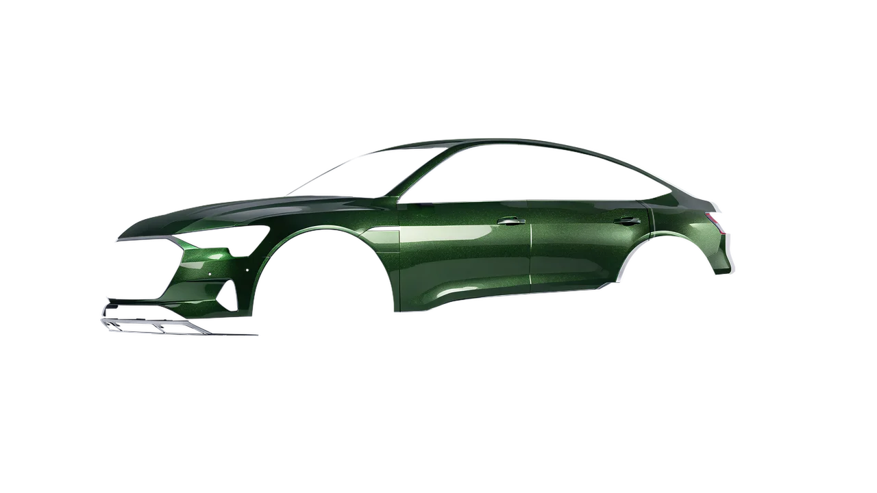 Audi E Tron Sporback 2024 wrapped in Fir Green Gloss (ORACAL 970RA-677G), front three-quarter view