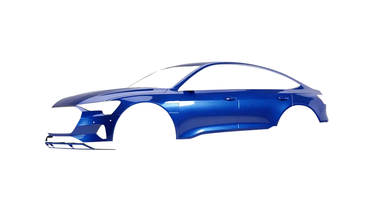 Audi E Tron Sporback 2024 wrapped in Indulgent Blue Gloss (KPMF K75405), front three-quarter view