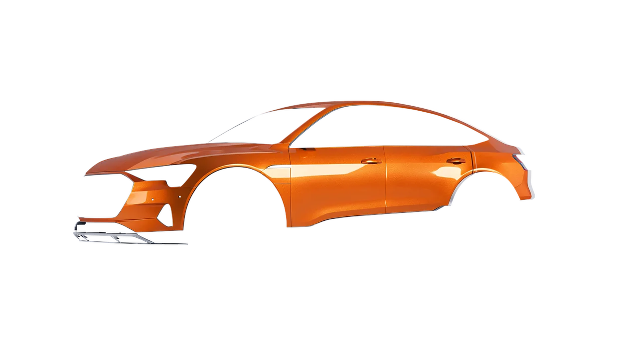 Audi E Tron Sporback 2024 wrapped in Mandarin Gloss (ORACAL 970RA-300G), front three-quarter view
