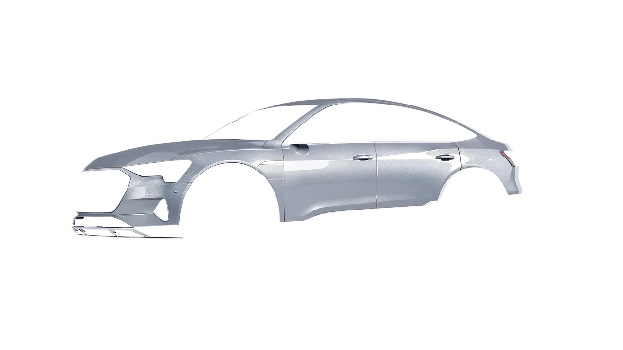 Audi E Tron Sporback 2024 wrapped in Silver Grey Gloss (ORACAL 970RA-090G), front three-quarter view