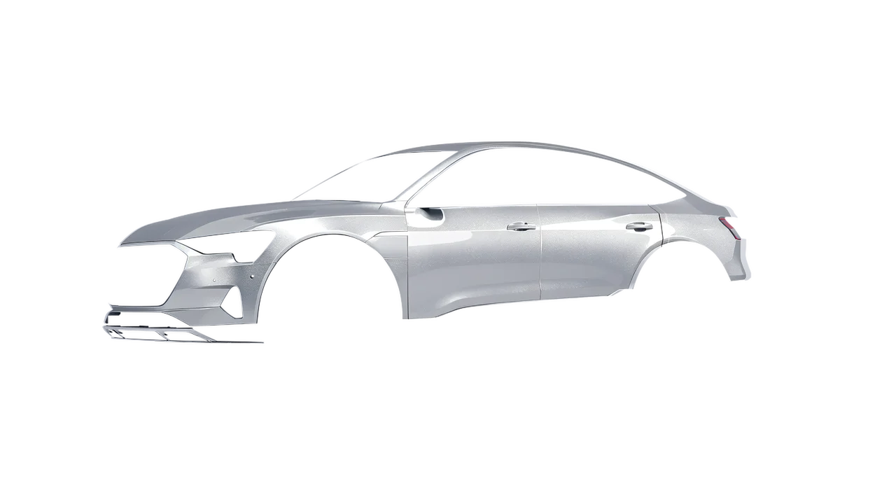Audi E Tron Sporback 2024 wrapped in Silver Lake Gloss (ORACAL 970RA-904G), front three-quarter view