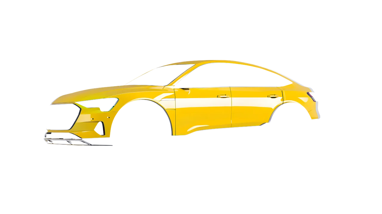 Audi E Tron Sporback 2024 wrapped in Post Office Yellow Gloss (ORACAL 970RA-208G), front three-quarter view
