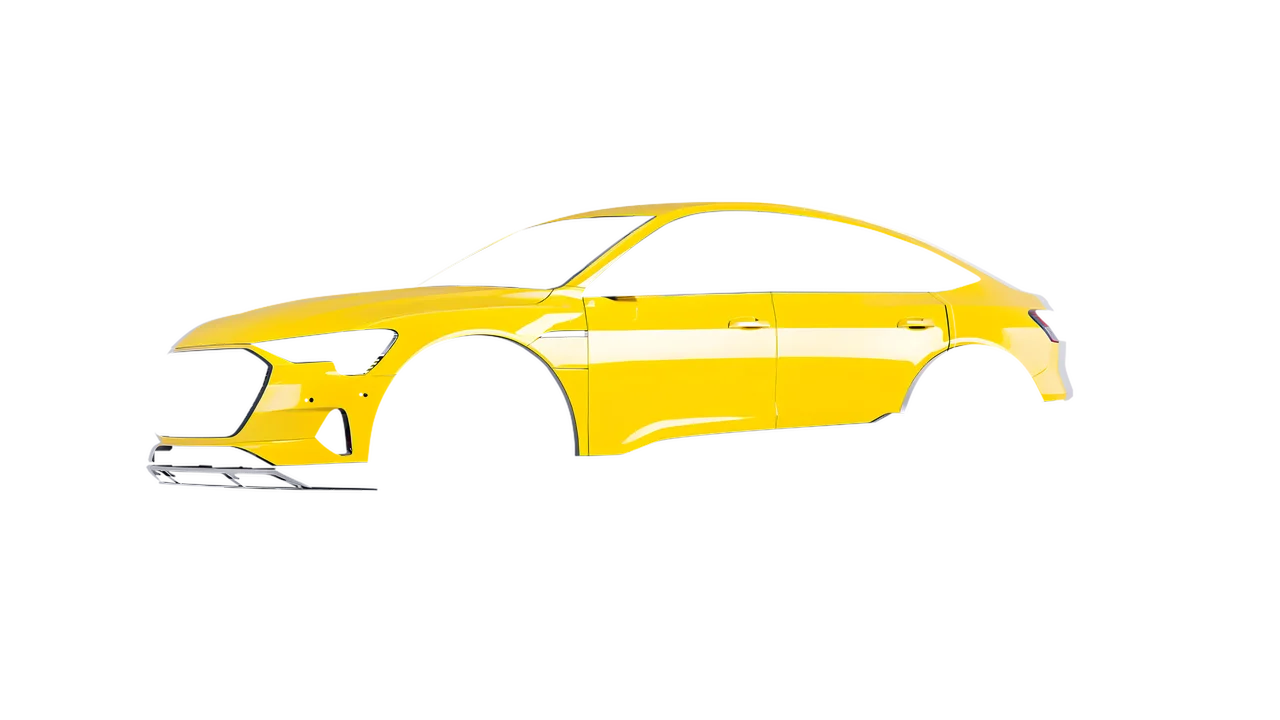 Audi E Tron Sporback 2024 wrapped in Traffic Yellow Gloss (ORACAL 970RA-216G), front three-quarter view