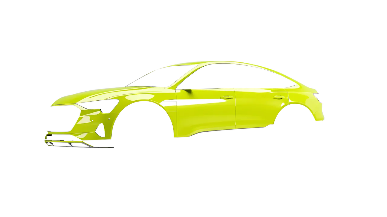 Audi E Tron Sporback 2024 wrapped in High Gloss Citric Acid (3M HG65), front three-quarter view