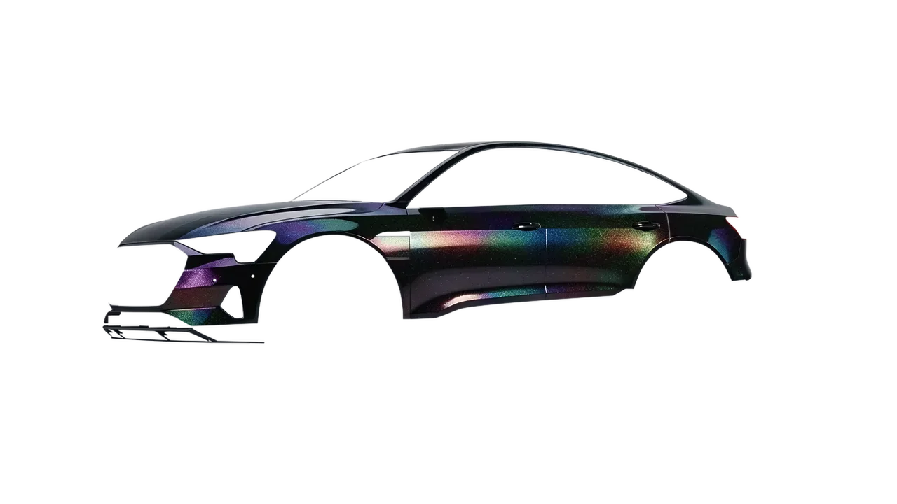 Audi E Tron Sporback 2024 wrapped in High Gloss Flip Black Psychedelic (3M HGP221), front three-quarter view