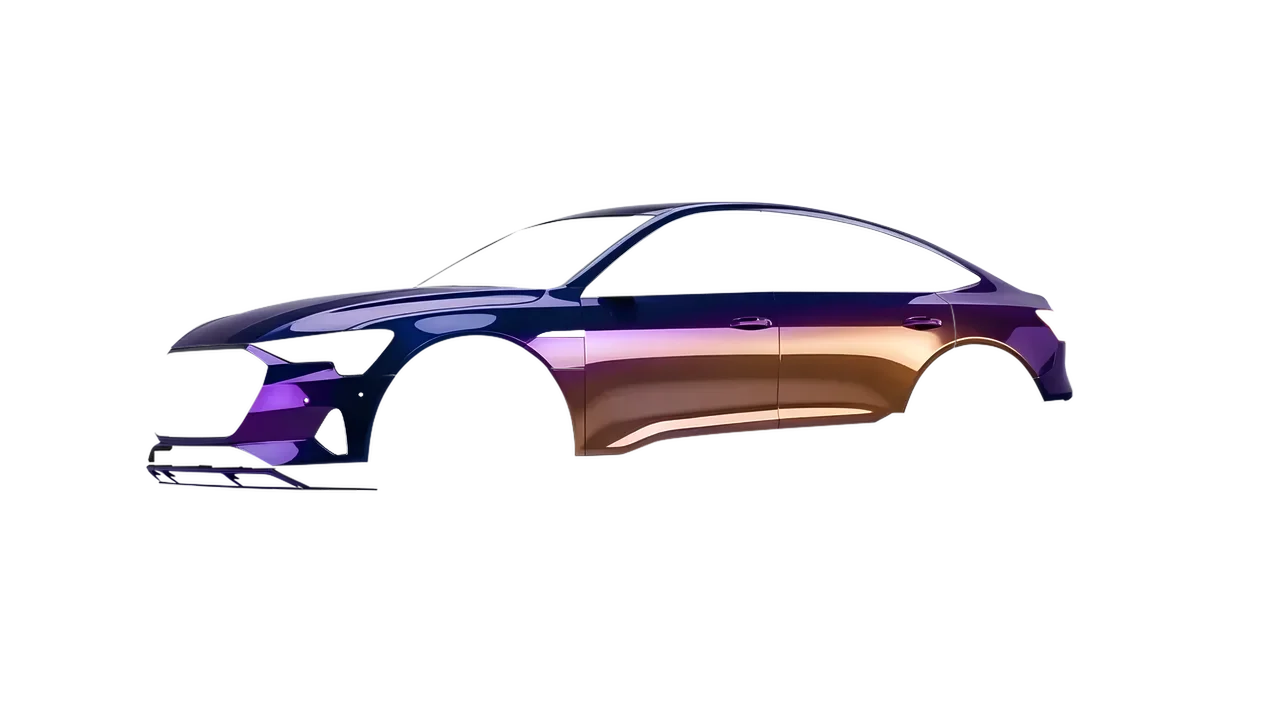 Audi E Tron Sporback 2024 wrapped in High Gloss Flip Deep Space (3M HGP278), front three-quarter view