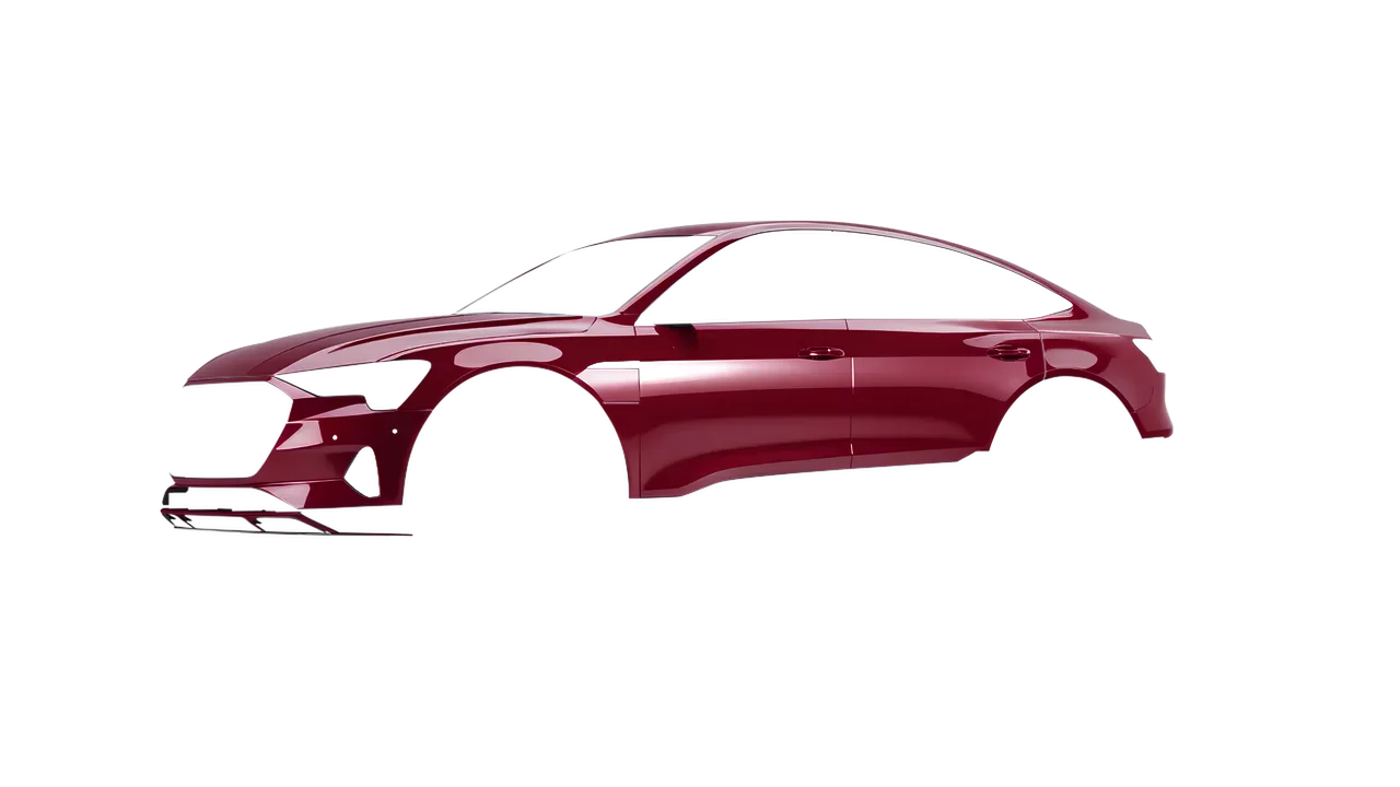Audi E Tron Sporback 2024 wrapped in High Gloss Ruby Rosso (3M HG73), front three-quarter view