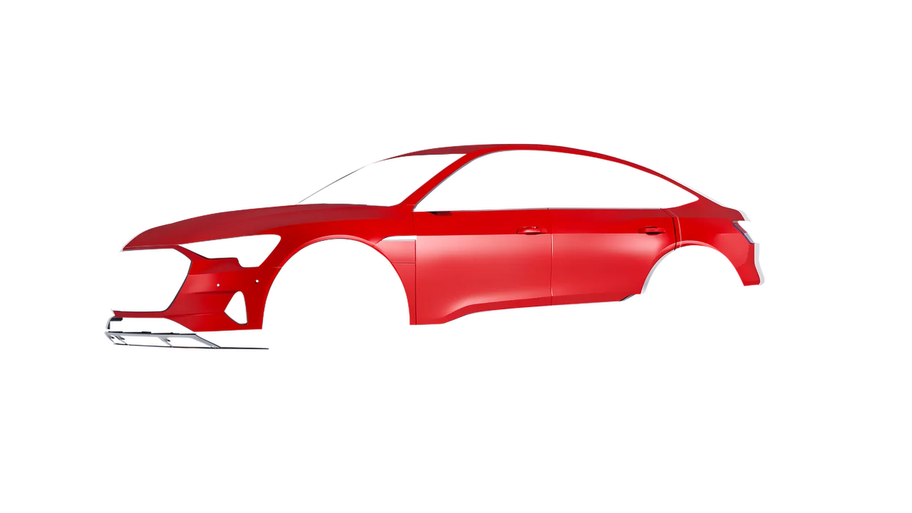 Audi E Tron Sporback 2024 wrapped in Cardinal Red Matt (ORACAL 970RA-028M), front three-quarter view