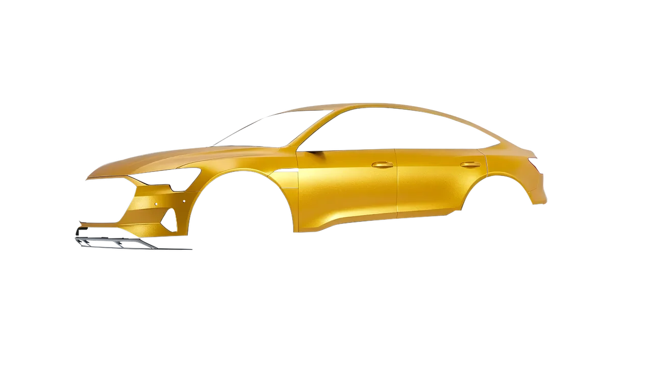 Audi E Tron Sporback 2024 wrapped in Matt Sonic Yellow Pearl (KPMF K75538), front three-quarter view
