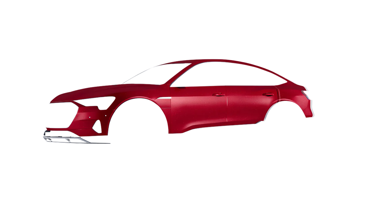 Audi E Tron Sporback 2024 wrapped in Imperial Red Matt (ORACAL 970RA-372M), front three-quarter view