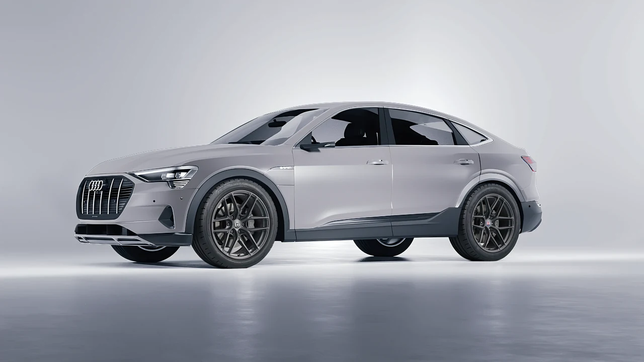 Audi E Tron Sporback 2024 on HRE Performance Wheels P161SC forged wheels, front three-quarter view