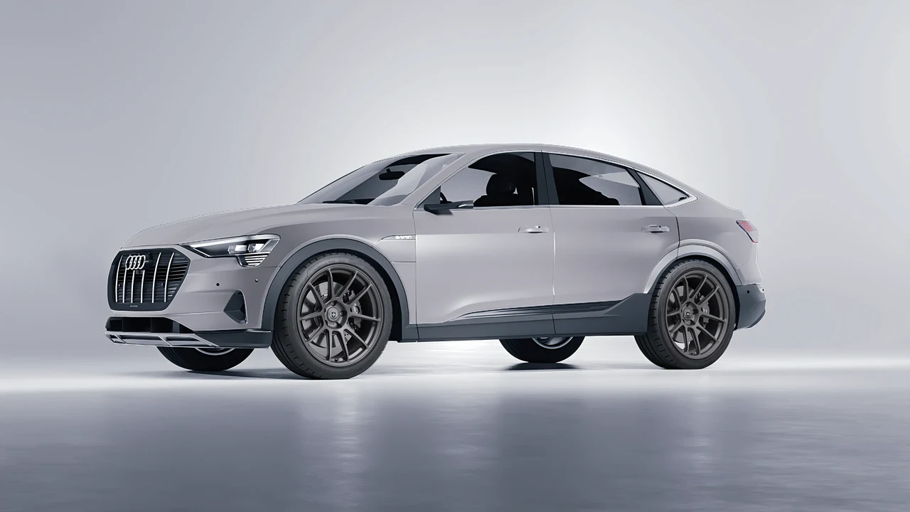 Audi E Tron Sporback 2024 on HRE Performance Wheels RC104 forged wheels, front three-quarter view