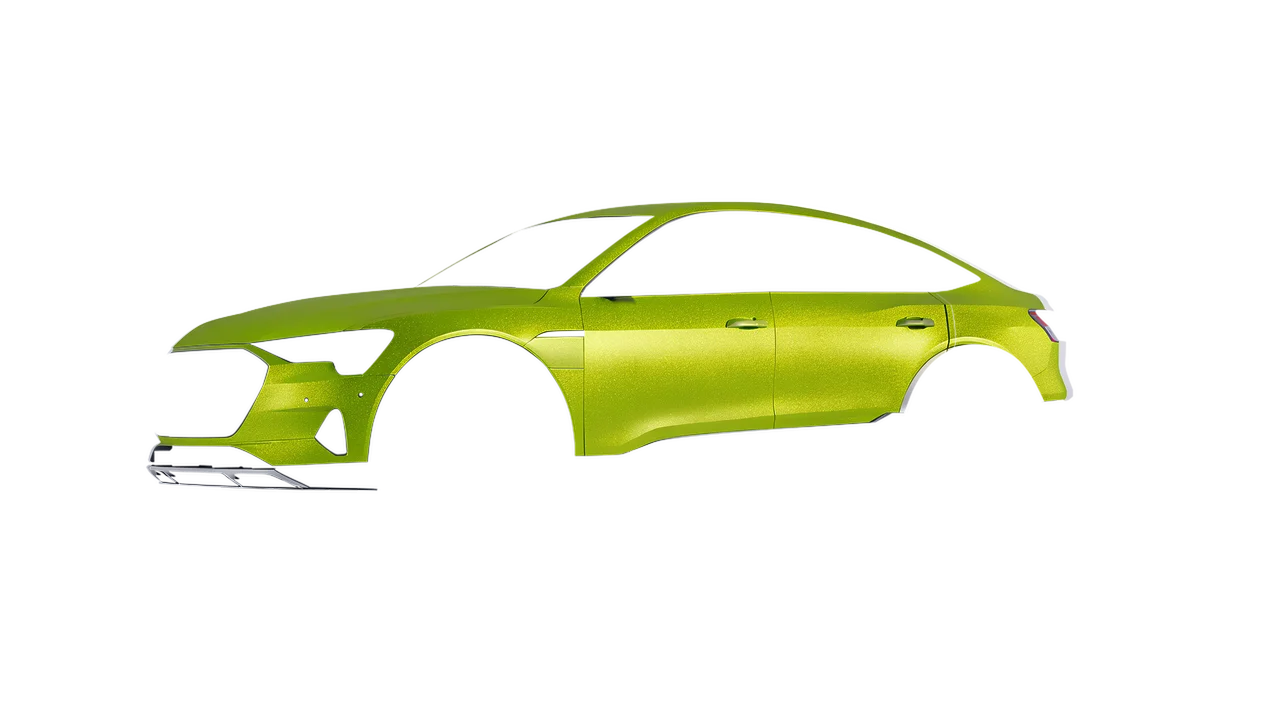 Audi E Tron Sporback 2024 wrapped in Citrus Fury Matt (ORACAL 970RA-183M), front three-quarter view