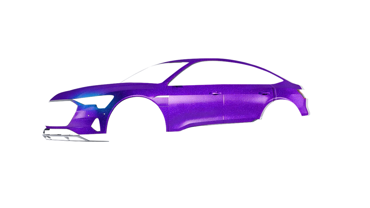 Audi E Tron Sporback 2024 wrapped in Enchanted Violet Gloss (ORACAL 970RA-185G), front three-quarter view