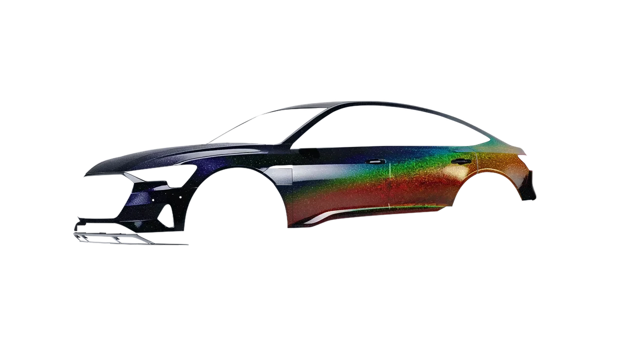 Audi E Tron Sporback 2024 wrapped in Morpheus Black Starlight Gloss (KPMF K75470), front three-quarter view