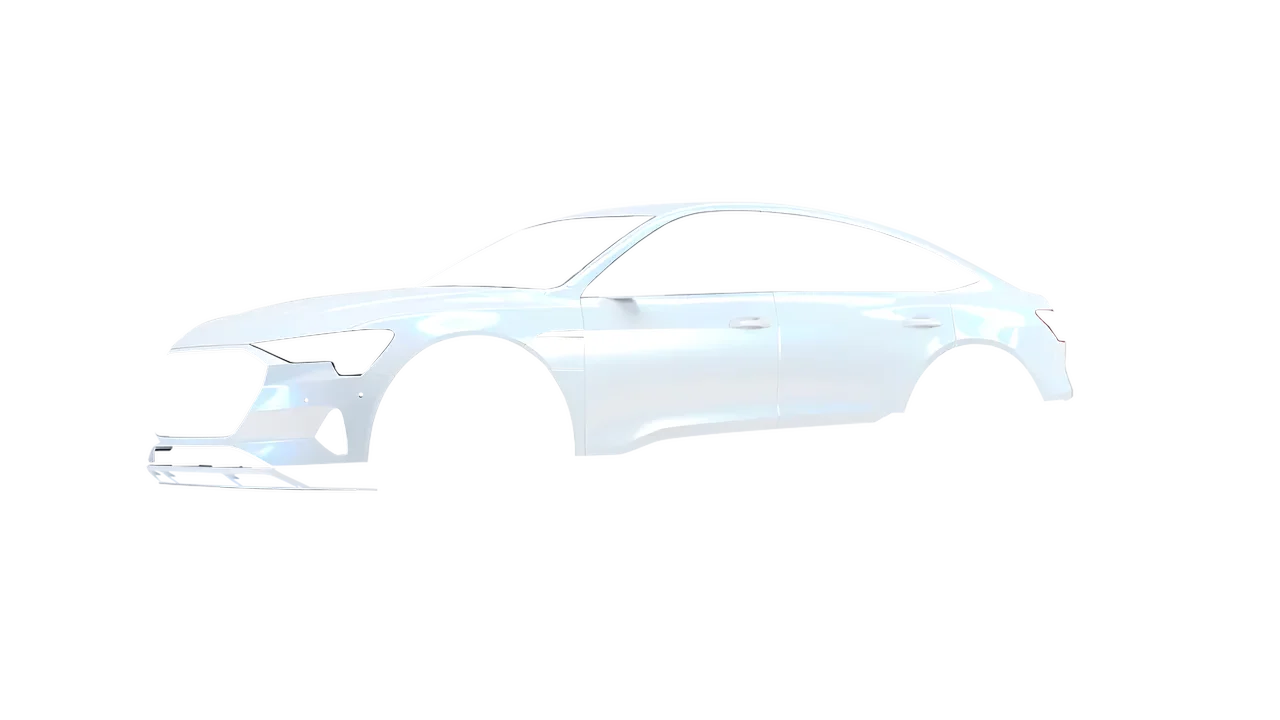 Audi E Tron Sporback 2024 wrapped in Pacific Blue White Starlight Gloss (KPMF K75476), front three-quarter view