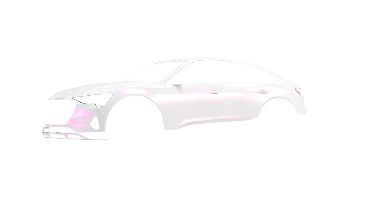 Audi E Tron Sporback 2024 wrapped in Matt Pink White Starlight (KPMF K75574), front three-quarter view