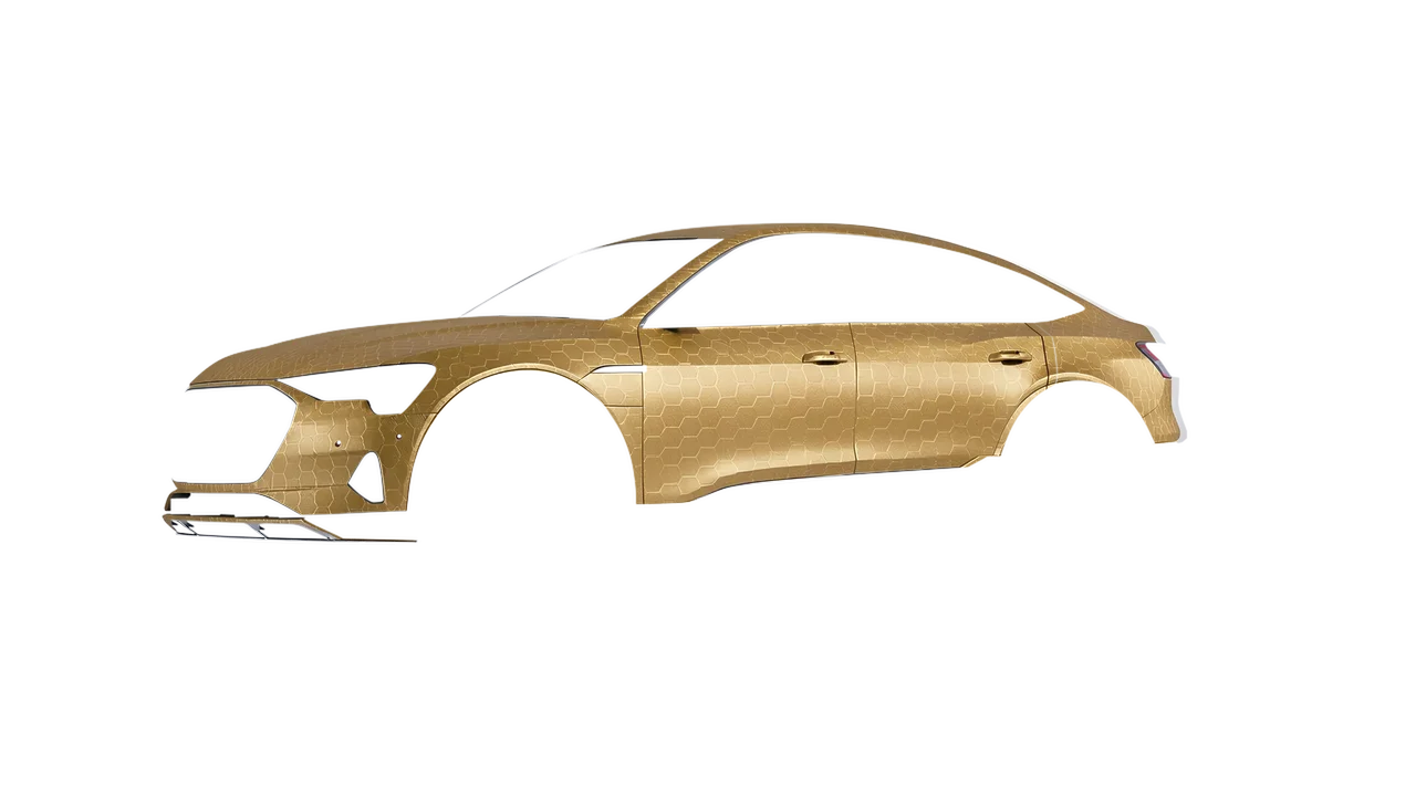 Audi E Tron Sporback 2024 wrapped in Gold Honeycomb (ORACAL 975-091HC), front three-quarter view