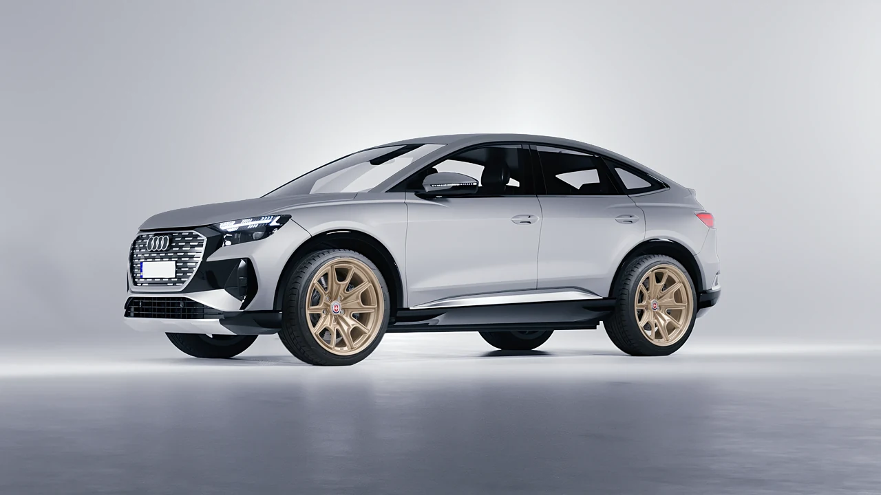 Audi Q4 Sportback e-tron 2021 on HRE Performance Wheels 427M forged wheels, front three-quarter view