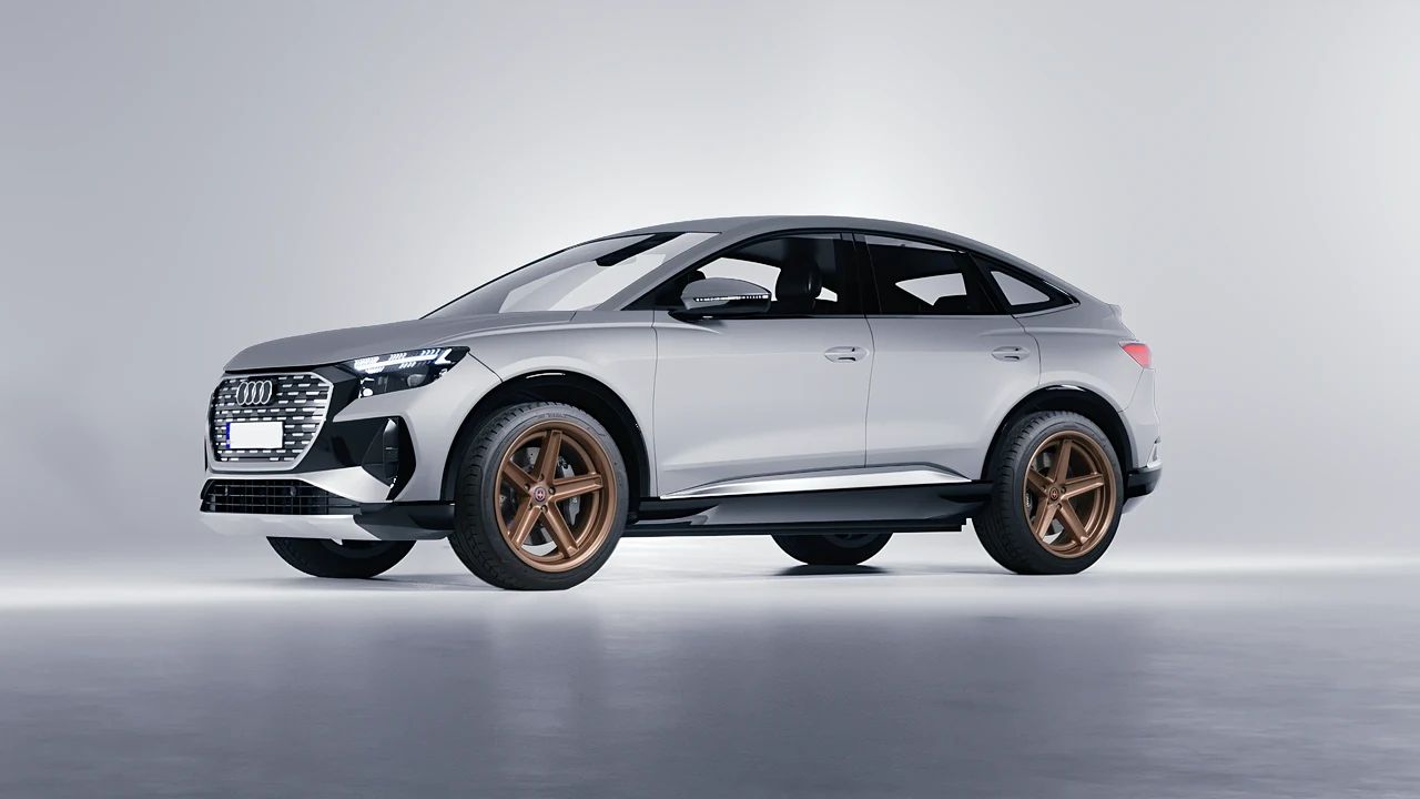 Audi Q4 Sportback e-tron 2021 on HRE Performance Wheels Tusk forged wheels, front three-quarter view