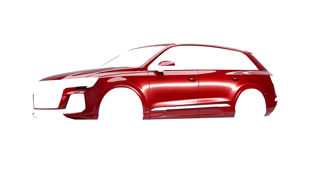 Audi Q7 2024 wrapped in Hot Rod Red (3M G13), front three-quarter view