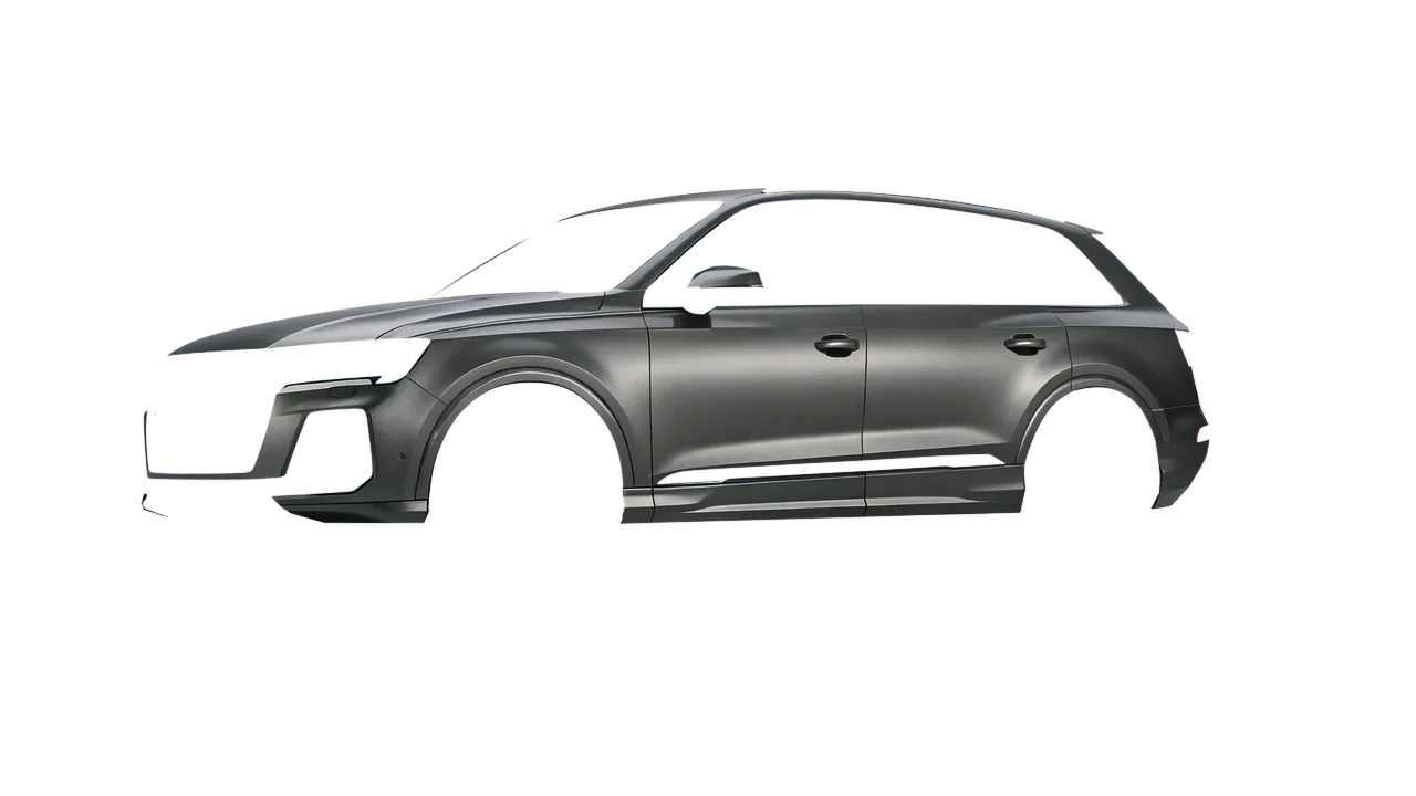 Audi Q7 2024 wrapped in Black Rock Grey (Avery Dennison SW900-823-M), front three-quarter view