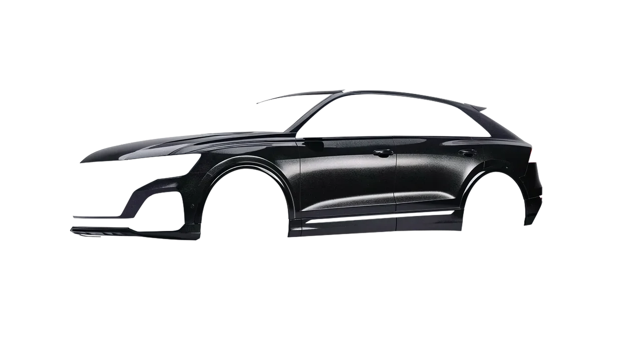 Audi Q8 2024 wrapped in Mystery Black (Avery Dennison SW900-184-M), front three-quarter view