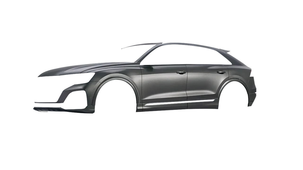 Audi Q8 2024 wrapped in Black Rock Grey (Avery Dennison SW900-823-M), front three-quarter view