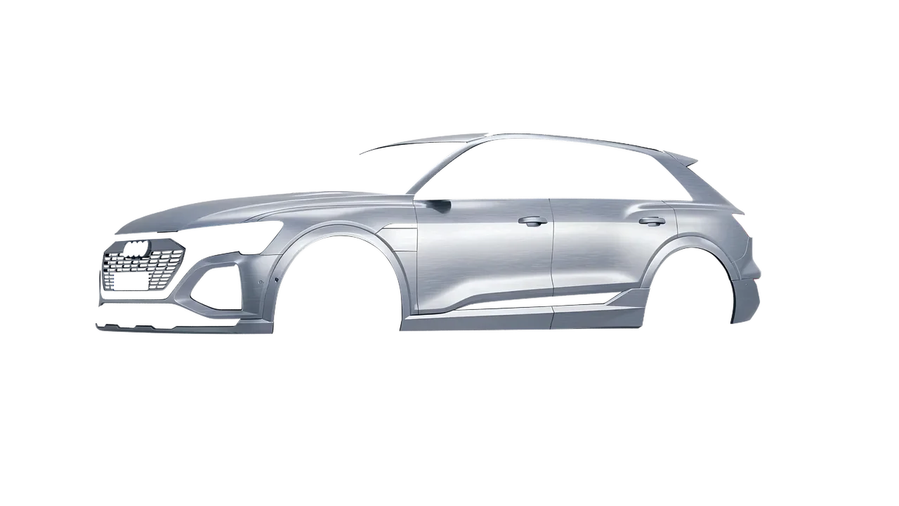 Audi Q8 e-tron 2024 wrapped in Brushed Aluminum (Avery Dennison SW900-812-X), front three-quarter view