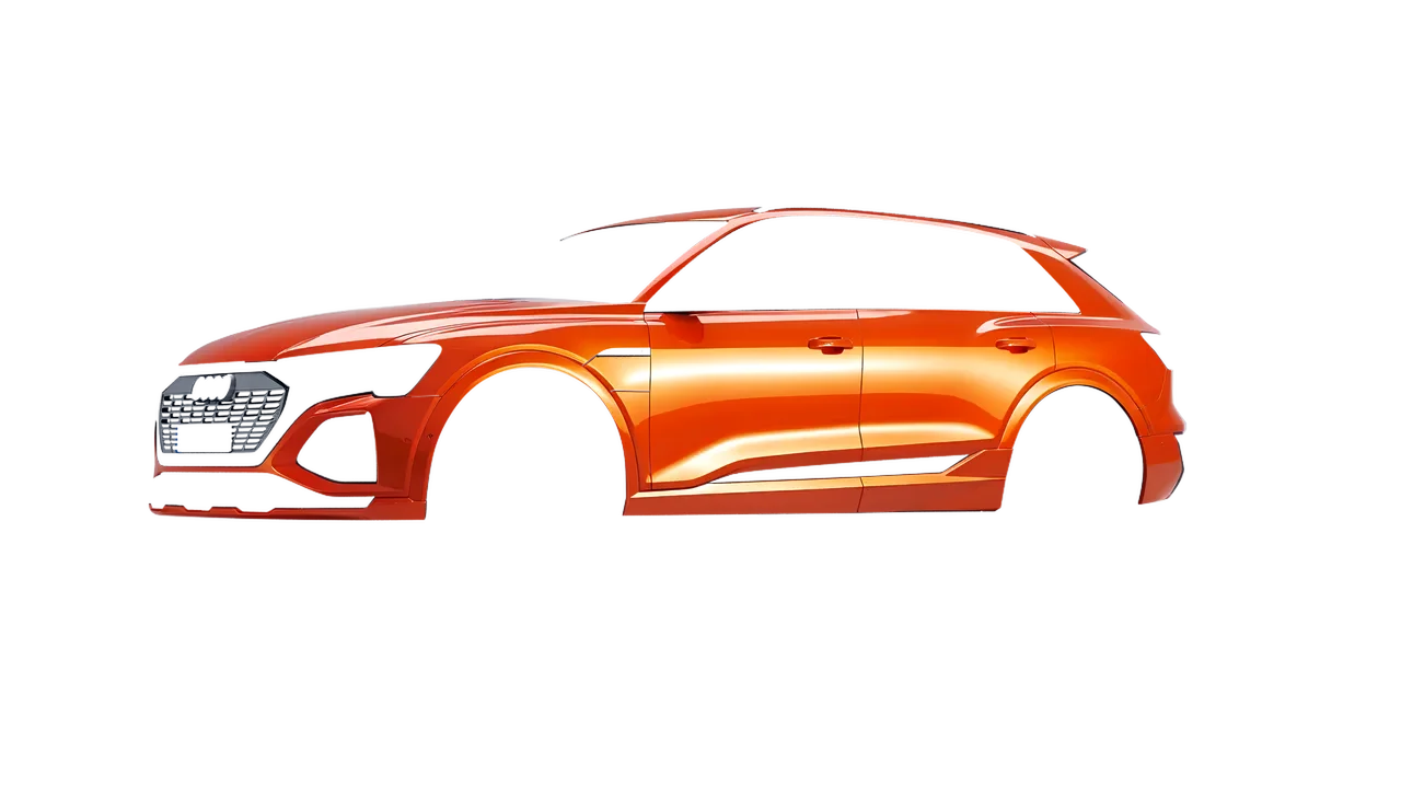 Audi Q8 e-tron 2024 wrapped in Fiery Orange (3M G364), front three-quarter view