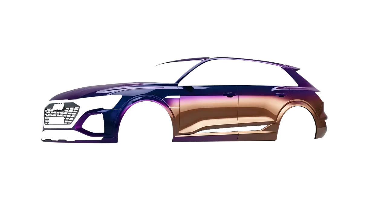 Audi Q8 e-tron 2024 wrapped in Gloss Flip Deep Space (3M GP278), front three-quarter view