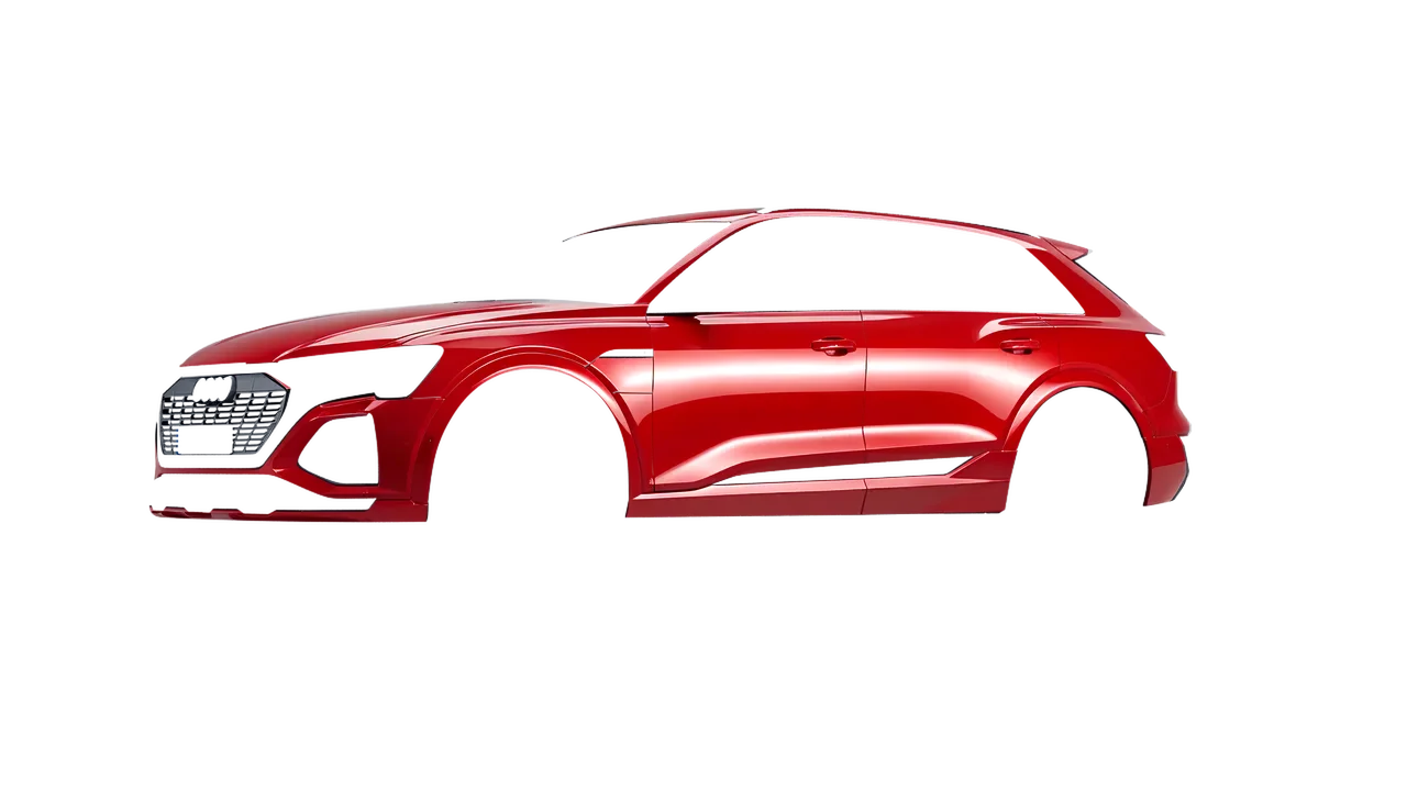 Audi Q8 e-tron 2024 wrapped in Hot Rod Red (3M G13), front three-quarter view