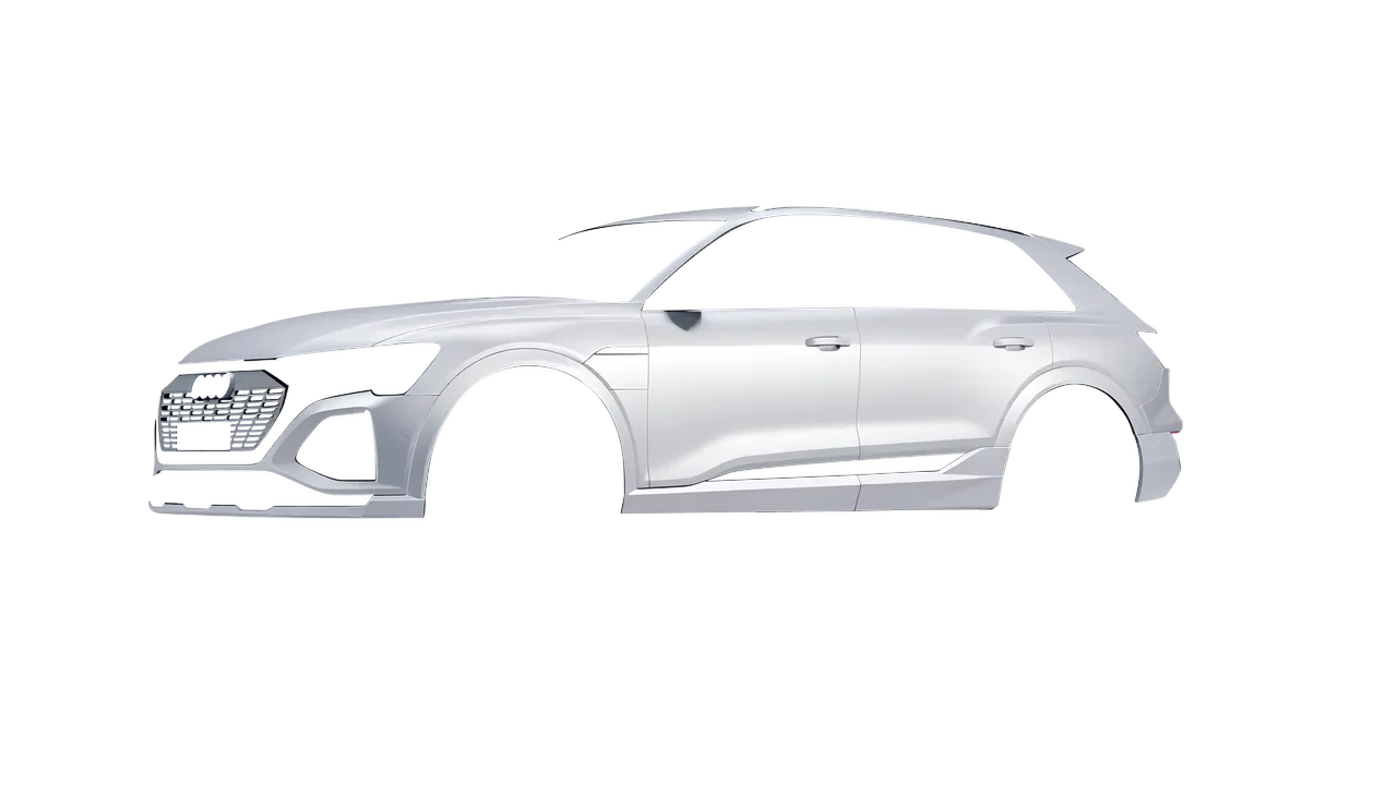 Audi Q8 e-tron 2024 wrapped in Matte Silver (3M M21), front three-quarter view