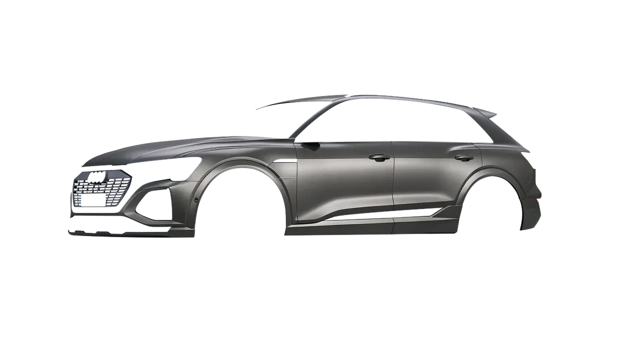 Audi Q8 e-tron 2024 wrapped in Black Rock Grey (Avery Dennison SW900-823-M), front three-quarter view