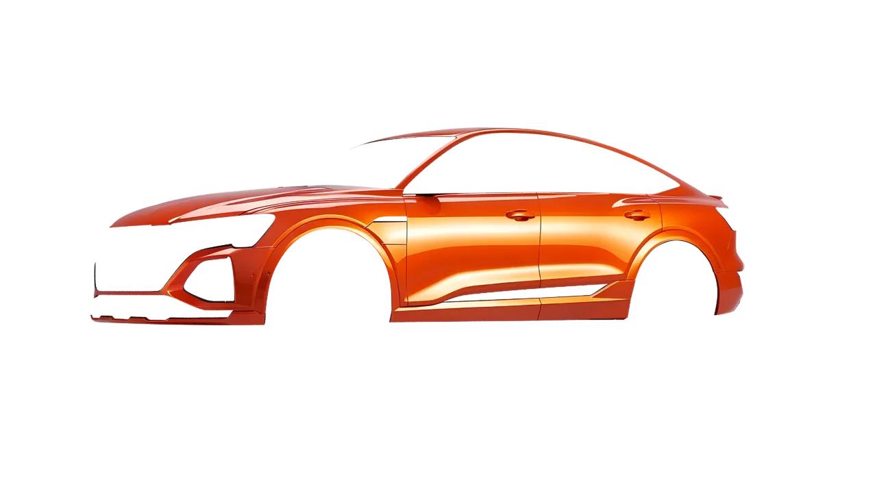 Audi Q8 Sportback e-tron 2024 wrapped in Fiery Orange (3M G364), front three-quarter view