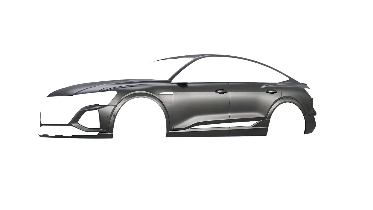 Audi Q8 Sportback e-tron 2024 wrapped in Black Rock Grey (Avery Dennison SW900-823-M), front three-quarter view