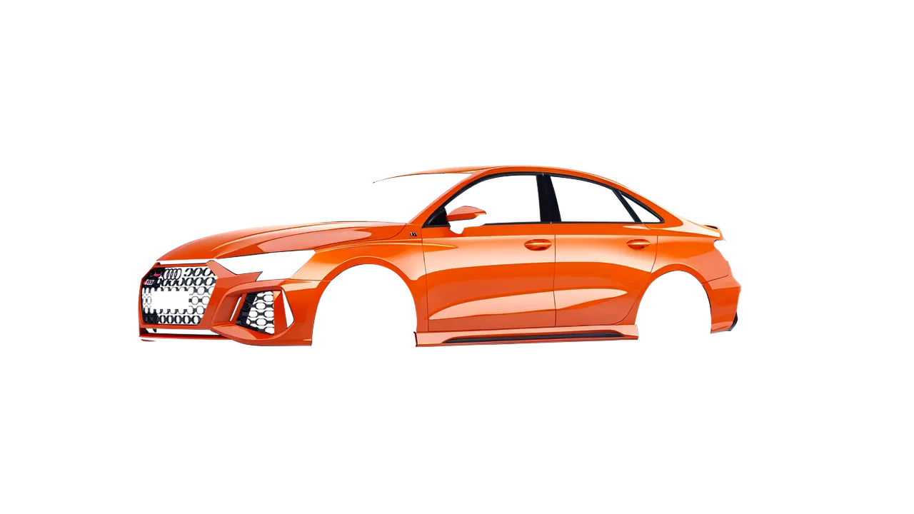 Audi RS3 Limousine 2021 wrapped in Fiery Orange (3M G364), front three-quarter view