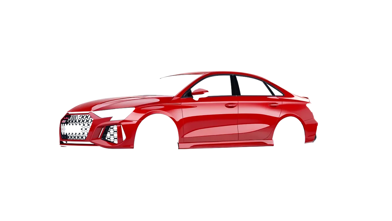 Audi RS3 Limousine 2021 wrapped in Hot Rod Red (3M G13), front three-quarter view
