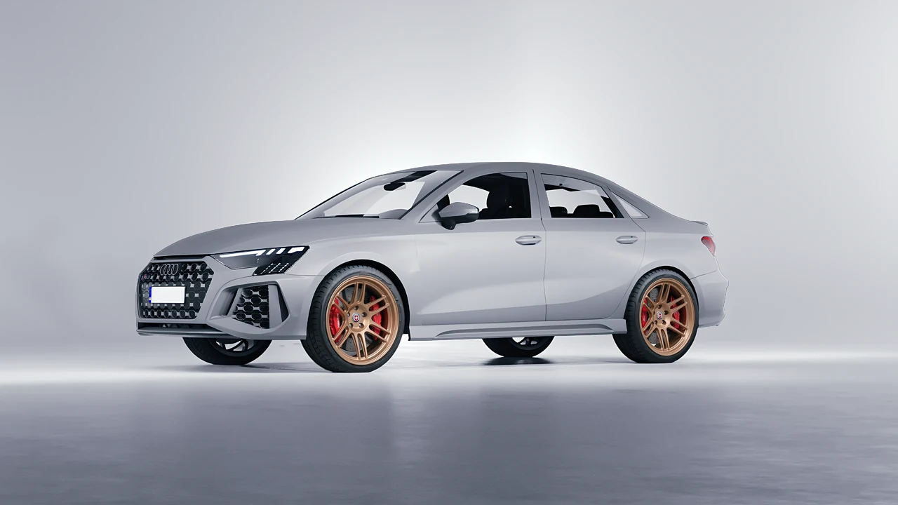Audi RS3 Limousine 2021 on HRE Performance Wheels 312-GTS forged wheels, front three-quarter view