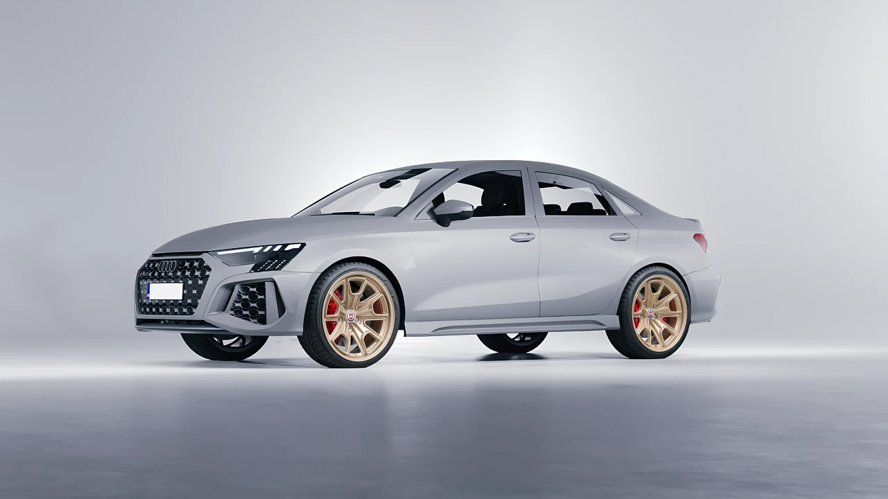 Audi RS3 Limousine 2021 on HRE Performance Wheels 427M forged wheels, front three-quarter view