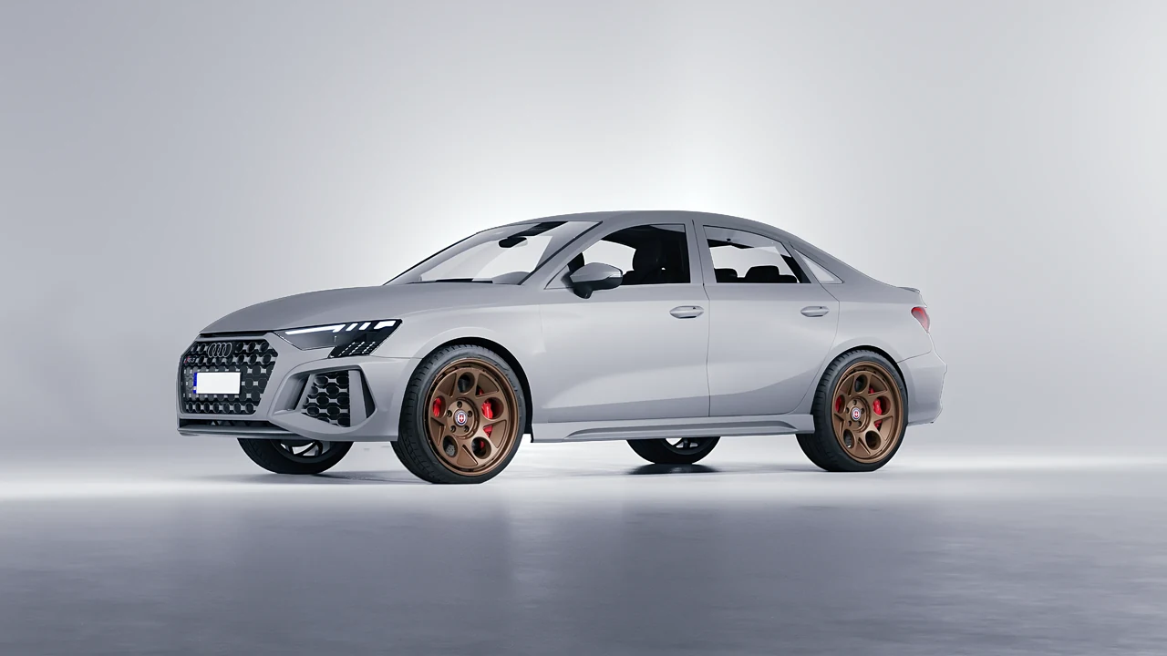Audi RS3 Limousine 2021 on HRE Performance Wheels 454-GTM forged wheels, front three-quarter view